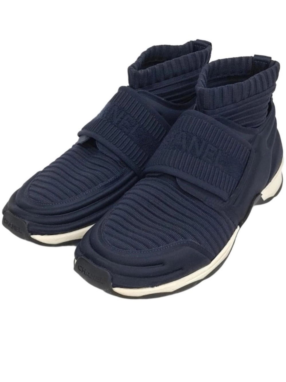 CHANEL Dark Blue Knit High-Top Sneakers